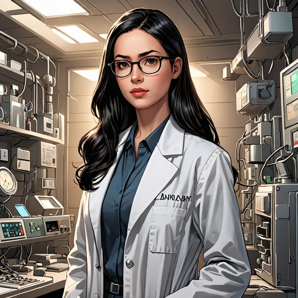 a woman in a lab coat standing in front of a computer screen and a monitor with a clock on it, Artgerm, academic art, a character portrait, character portrait