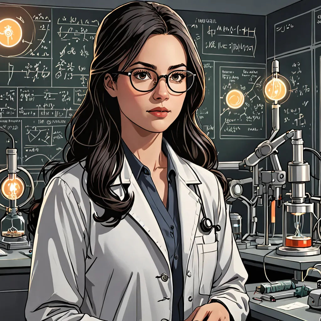 a woman in a lab coat standing in front of a microscope and a light bulb filled with light bulbs, Chen Hong, academic art, a character portrait, key art