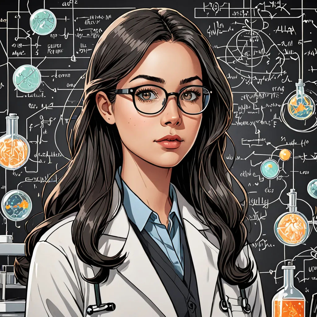 a woman in a lab coat and glasses standing in front of a blackboard with a lot of science diagrams, Cedric Peyravernay, academic art, a character portrait, key art