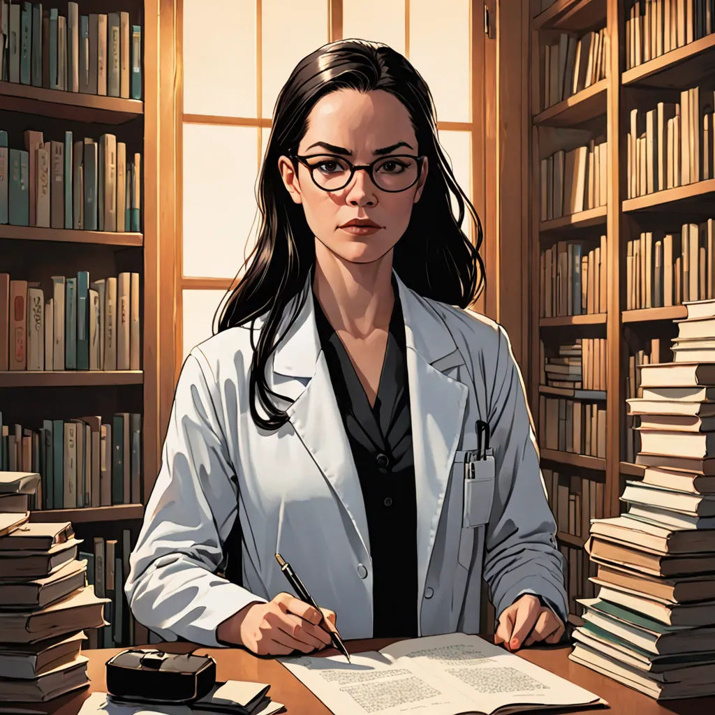 a woman in a lab coat sitting at a desk with a book and pen in front of a bookcase, Doc Hammer, academic art, a character portrait, official art