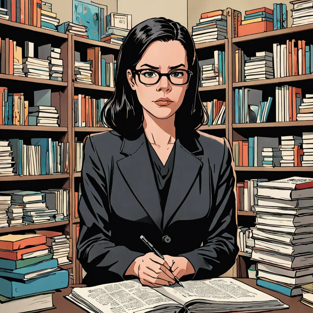 a woman sitting at a desk with a book and pen in her hand and a bookcase full of books behind her, Asaf Hanuka, academic art, a character portrait, comic book