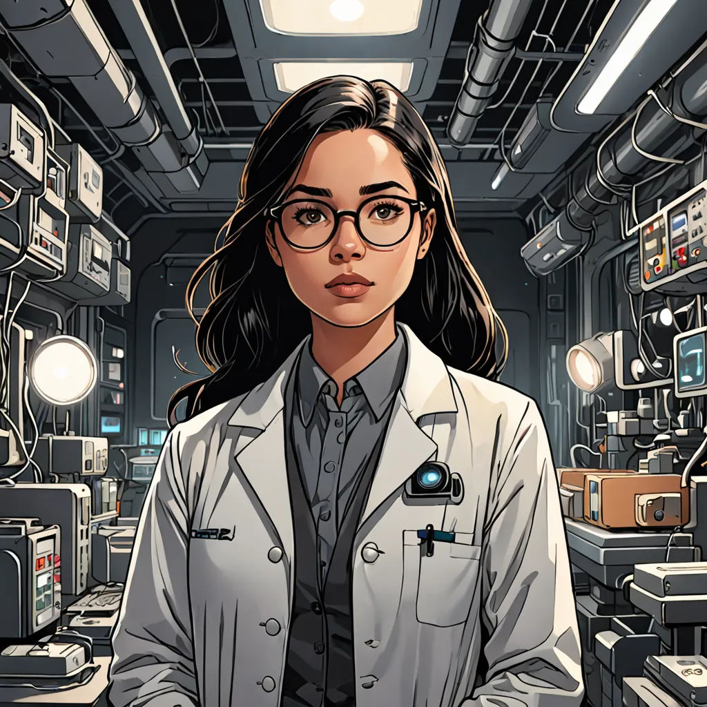 a woman in a lab coat standing in a room with many electronic equipment on the walls and shelves on the walls, Artgerm, process art, a character portrait, comic cover art