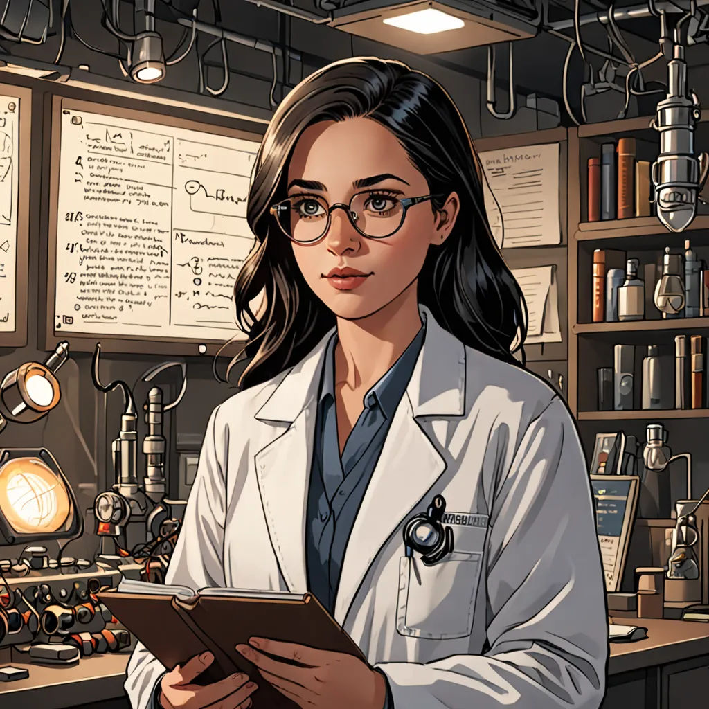a woman in a lab coat holding a clipboard in front of a shelf of lab equipment and a microscope, Constance Gordon-Cumming, academic art, a character portrait, high detail illustration