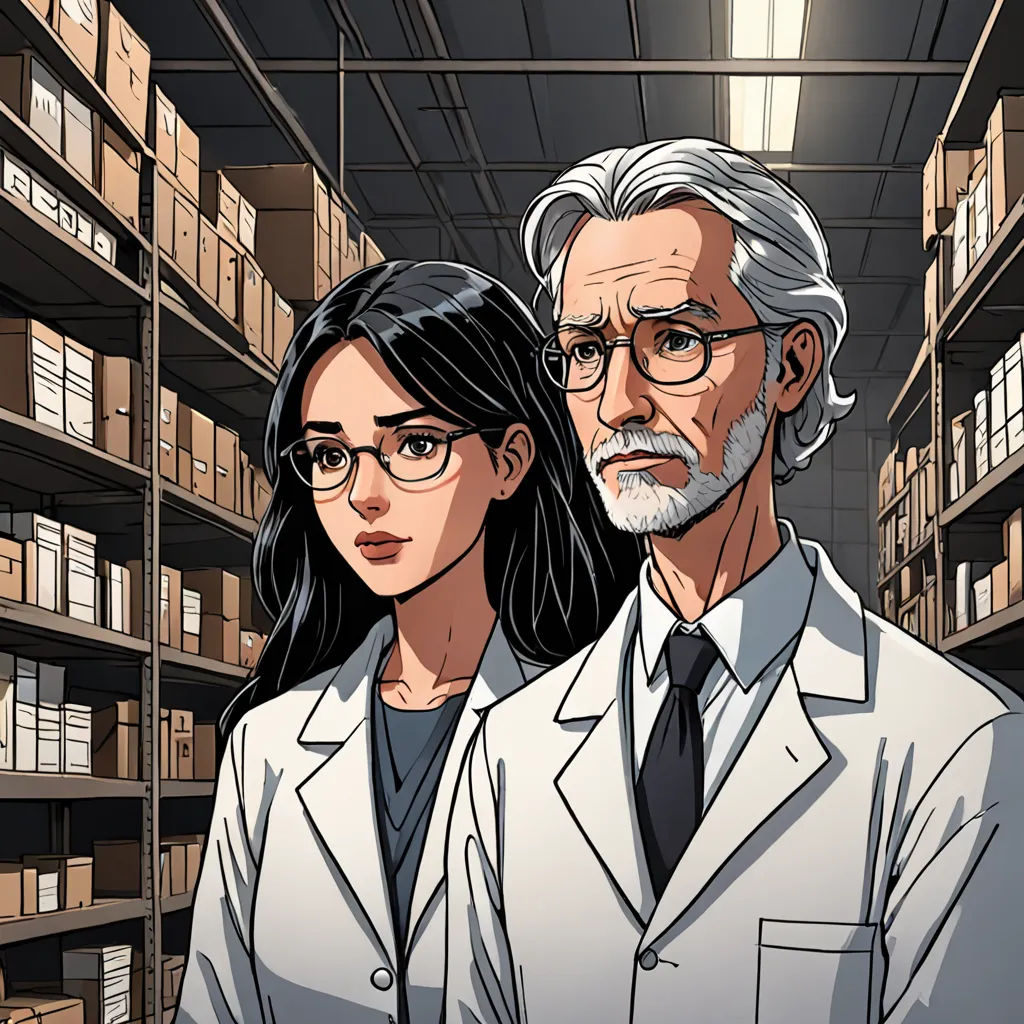 a man and a woman in a lab coat standing in a library with shelves full of books and files, Doc Hammer, serial art, a comic book panel, graphic novel