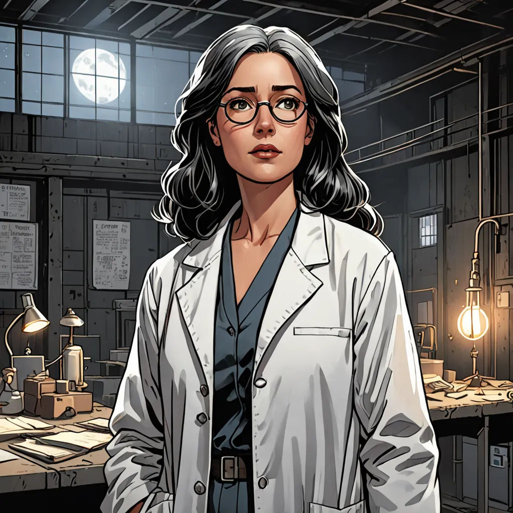 a woman in a lab coat standing in front of a desk with a light on it and a lamp on, Constance Gordon-Cumming, academic art, a comic book panel, promotional image
