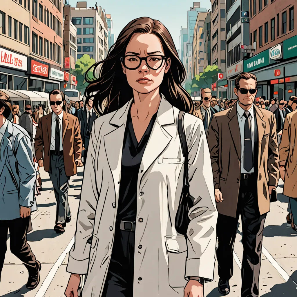 a woman in a trench coat and glasses walking down a street with a crowd of people behind her on a sunny day, Asaf Hanuka, figurativism, a comic book panel, graphic novel