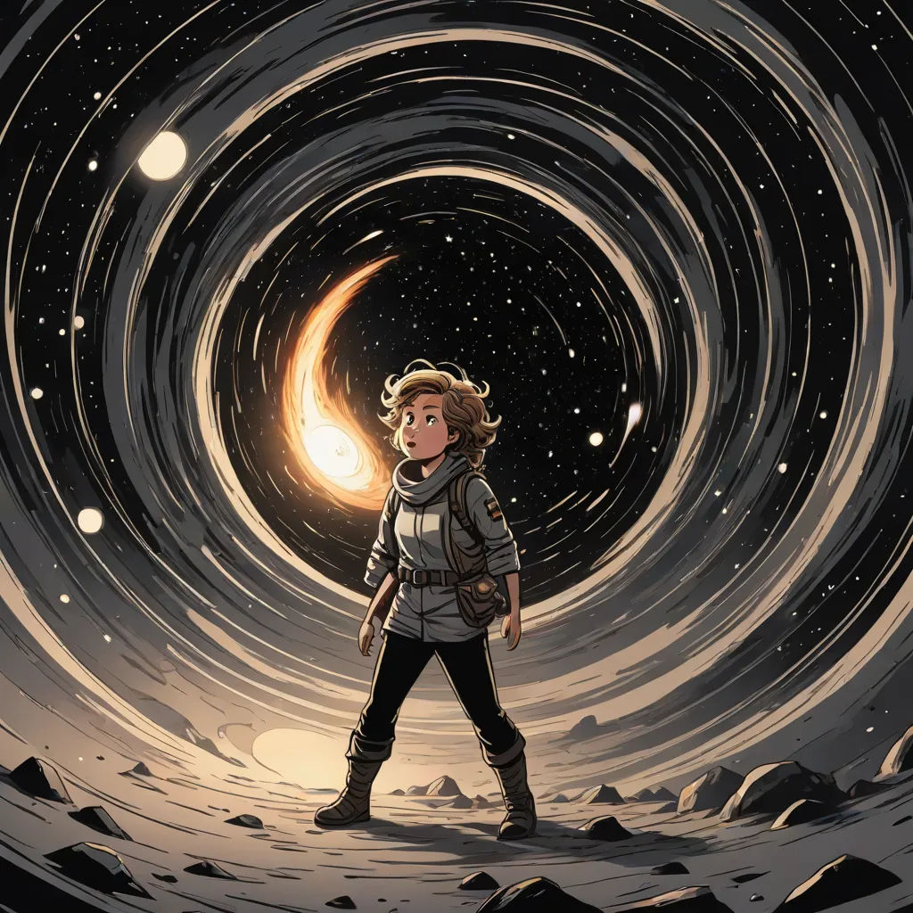 a boy standing in front of a spiral of stars and a moon in the sky with a backpack on, Cliff Childs, space art, a storybook illustration, comic cover art