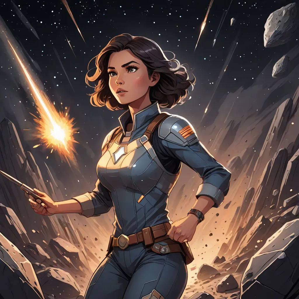 a woman in a uniform holding a light saber in her hand and a rock background with a shooting star, Artgerm, space art, a comic book panel, stanley artgerm lau