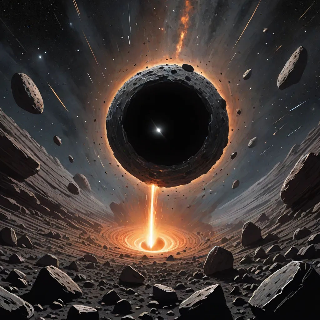 a black hole with a black hole in it surrounded by rocks and rocks, with a black hole in the center, David A Hardy, space art, a detailed matte painting, elden ring