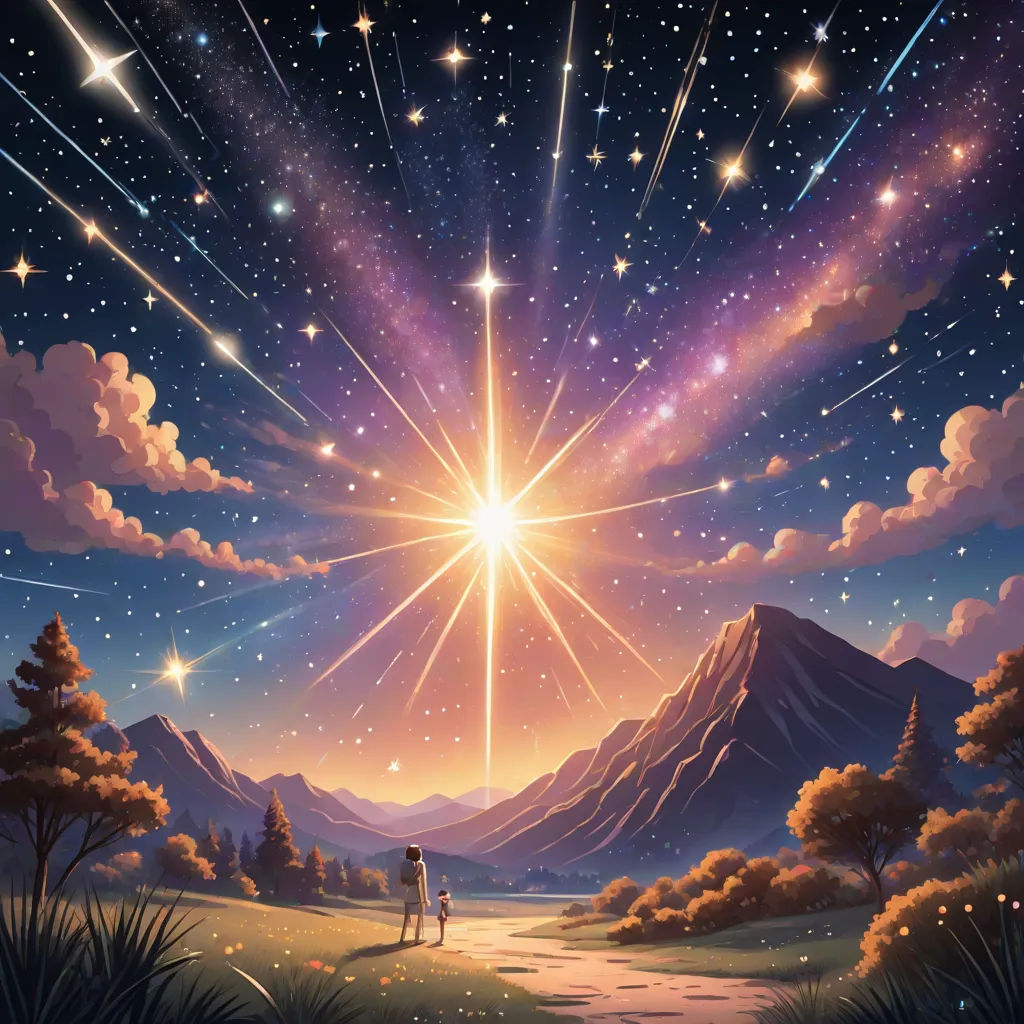 a painting of a couple standing on a hill under a star filled sky with stars and a bright star, Chris LaBrooy, fantasy art, a detailed painting, rossdraws global illumination