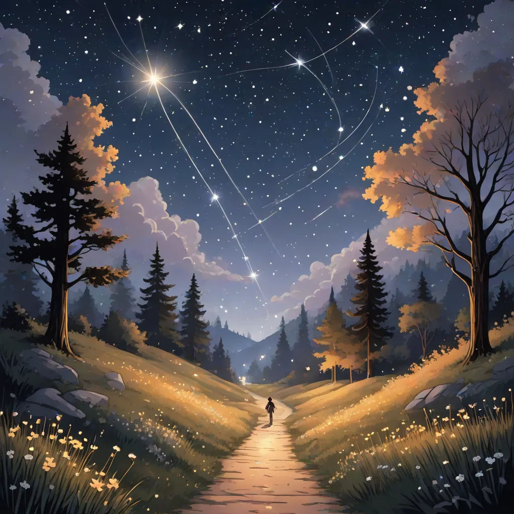 a painting of a person walking down a path to the stars in the sky above them, with a path leading to the stars, David A Hardy, space art, a storybook illustration, stars