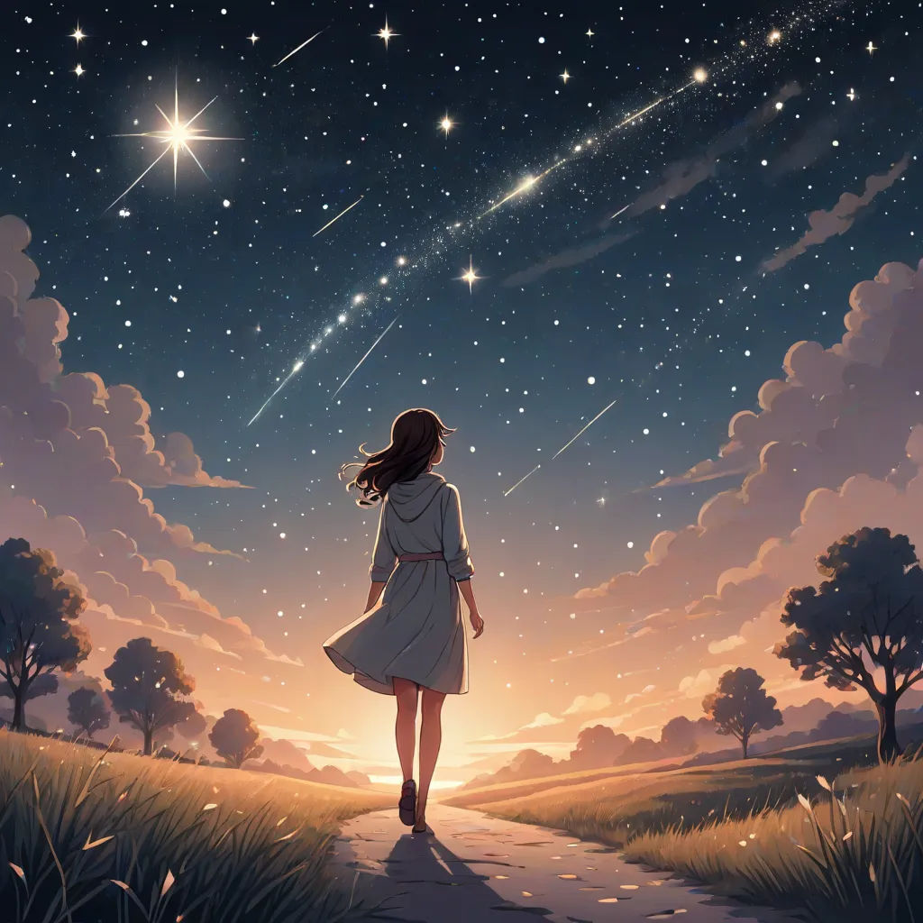 a girl walking down a path towards the stars in the sky above her head, with a field of grass and trees in the foreground, Cyril Rolando, space art, a storybook illustration, stars