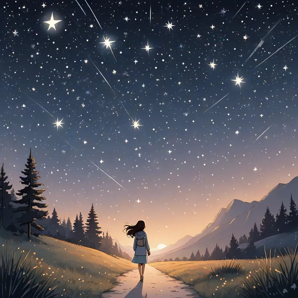 a girl walking down a path towards a star filled sky with stars in the sky above her and a mountain in the background, Cyril Rolando, magical realism, a storybook illustration, stars