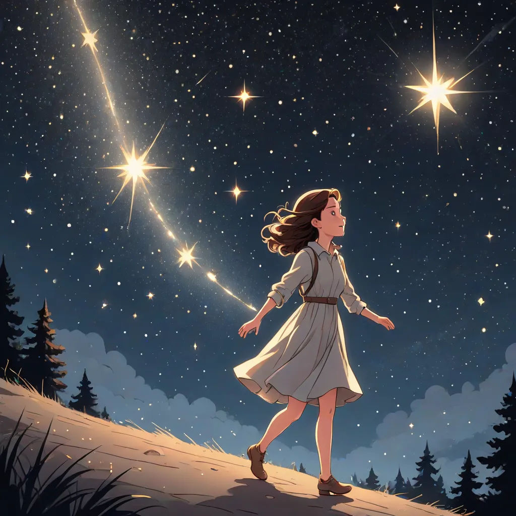 a girl in a dress is walking on a hill with stars in the sky above her and a tree line in the foreground, Atey Ghailan, space art, a storybook illustration, stars