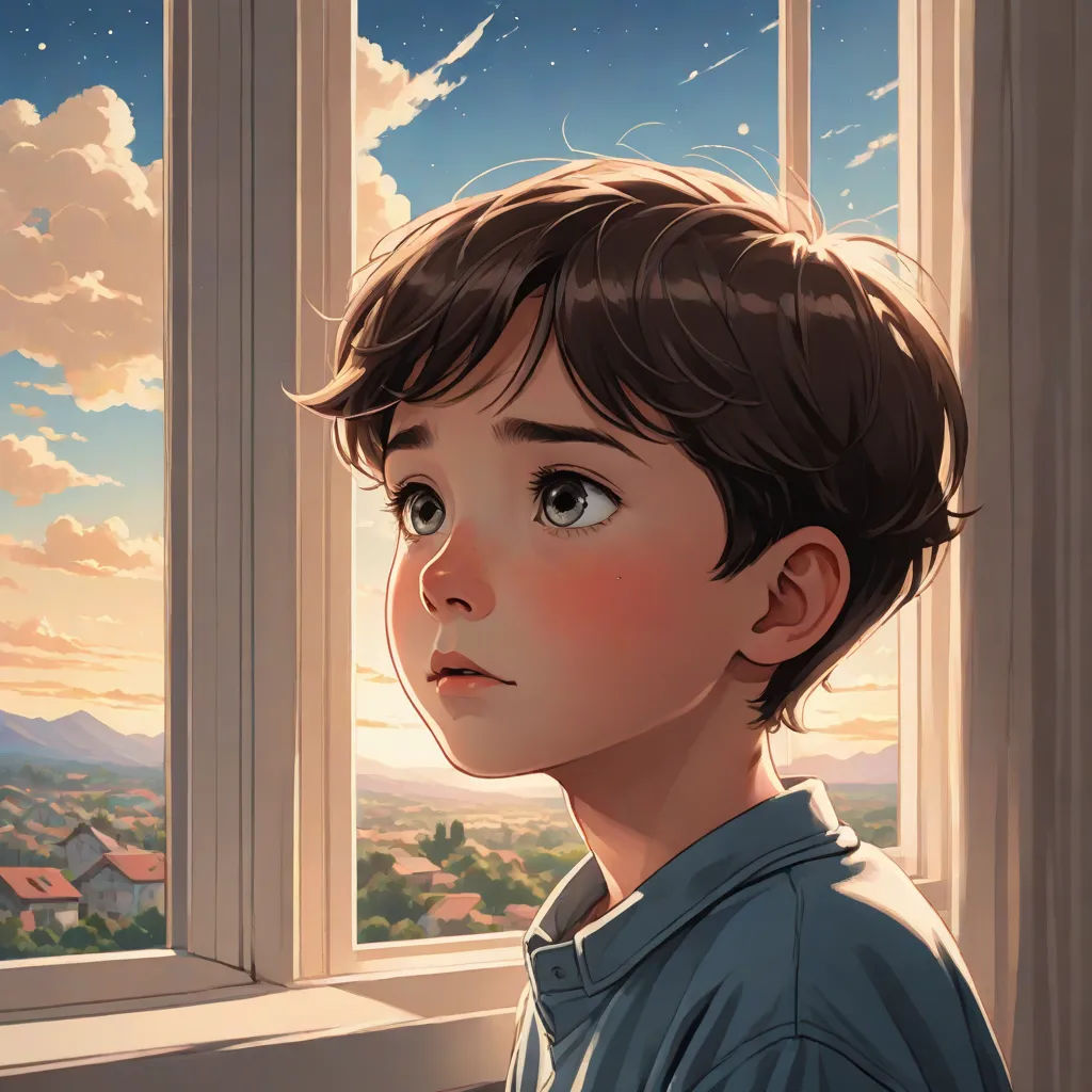 a boy looking out a window at the sky and mountains outside of a window with a view of the city, Atey Ghailan, photorealism, a detailed painting, rossdraws global illumination