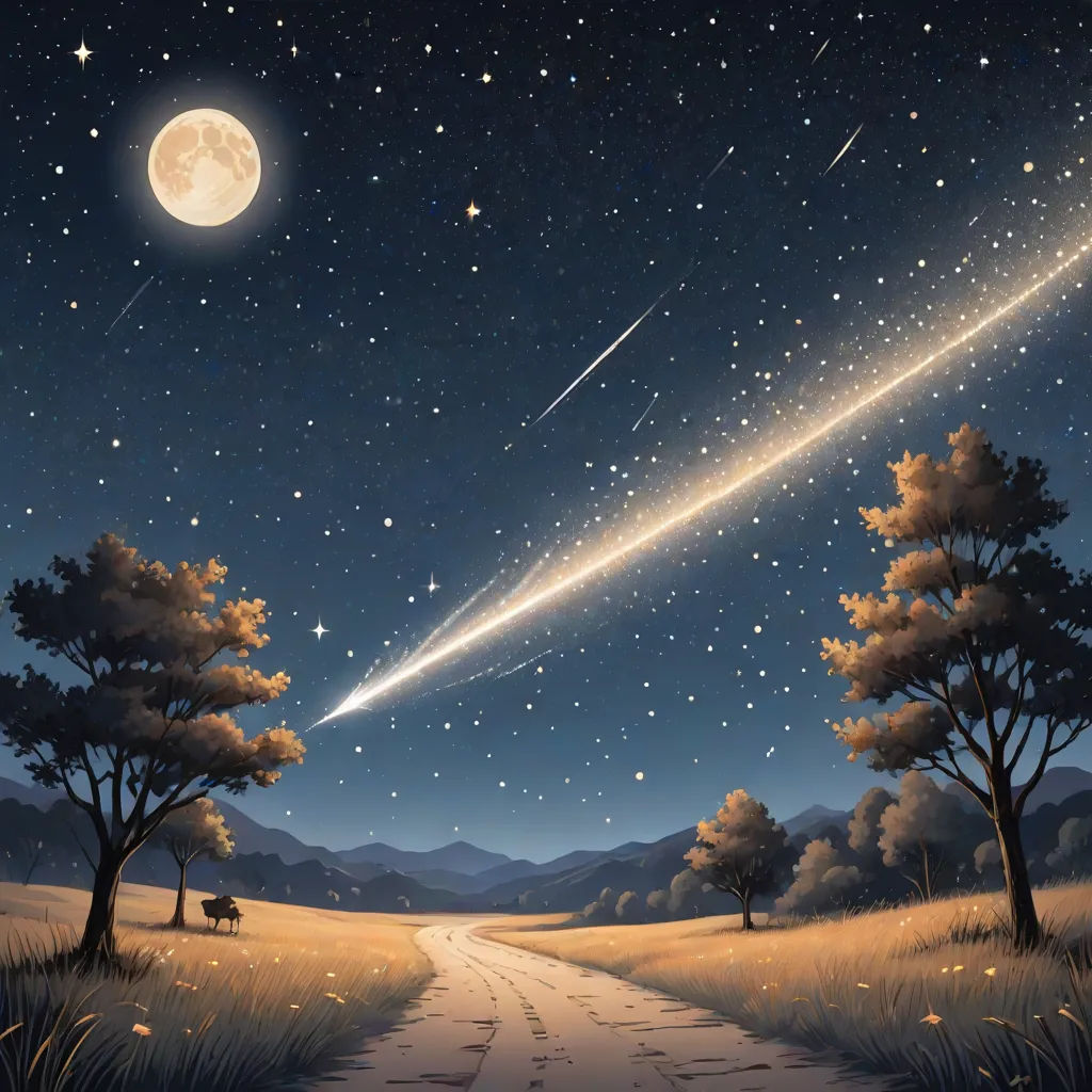 a painting of a road with a shooting star in the sky above it and a tree lined road leading to a field with grass and trees, Chris LaBrooy, space art, a detailed painting, detailed illustration