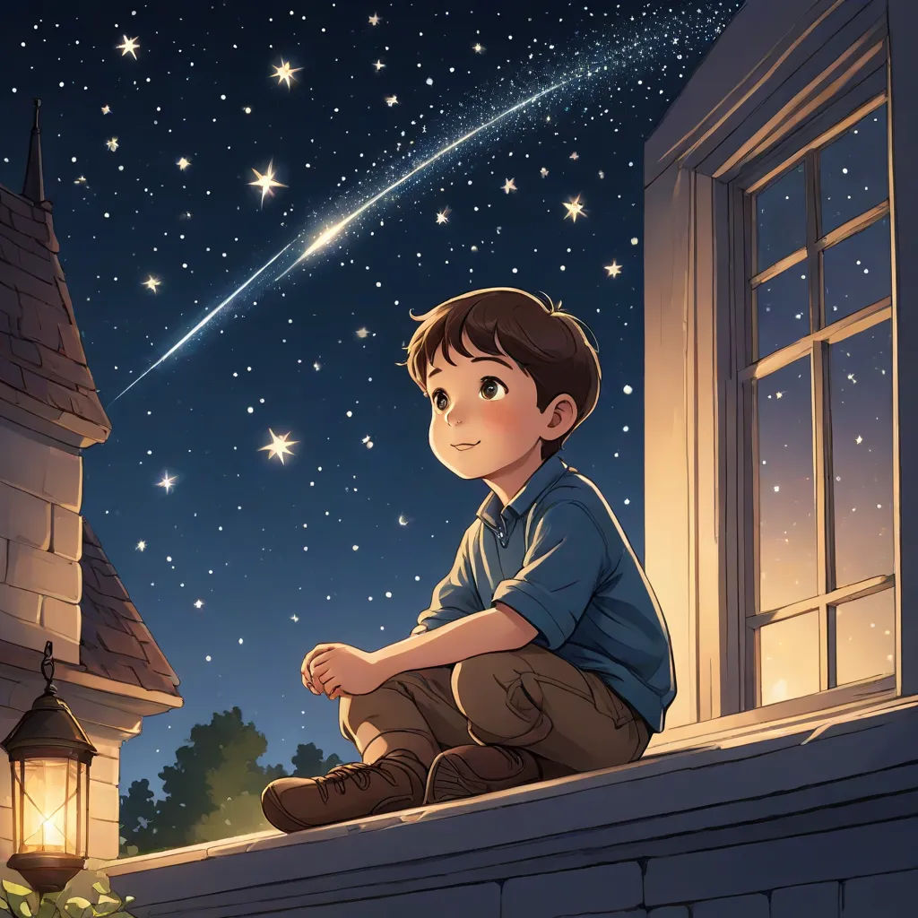 a boy sitting on a ledge looking out a window at the stars in the sky above him and a lantern in the foreground, Cliff Childs, space art, a storybook illustration, stars