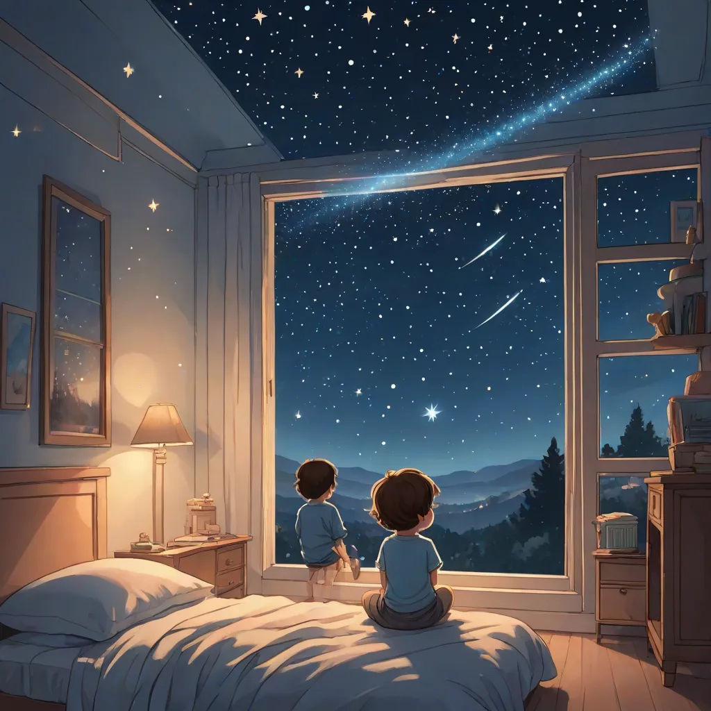 two children looking out a window at the stars in the sky above them, with a night sky in the background, Cyril Rolando, space art, a storybook illustration, stars