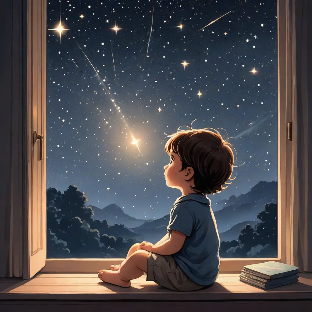 a little boy sitting on a window sill looking out at the stars in the sky above him and a book on the floor, Diego Gisbert Llorens, space art, a storybook illustration, stars
