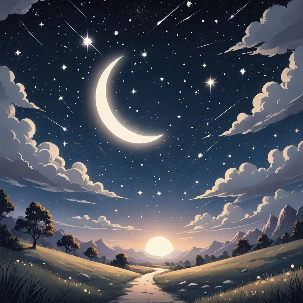 a painting of a night sky with stars and a crescent moon above a path leading to a field with trees, Cyril Rolando, space art, a detailed matte painting, night sky