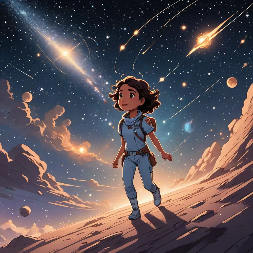 a girl in a space suit standing on a hill looking at a star filled sky with a shooting star, Cliff Childs, space art, concept art, space