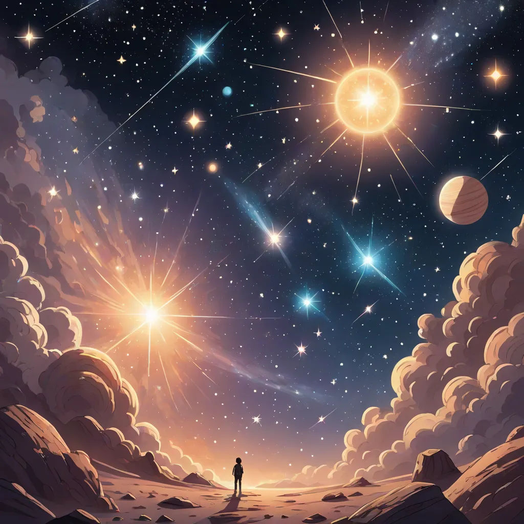 a man standing on a hill looking at the stars in the sky above him and a planet in the distance, Chris LaBrooy, space art, a detailed painting, stars