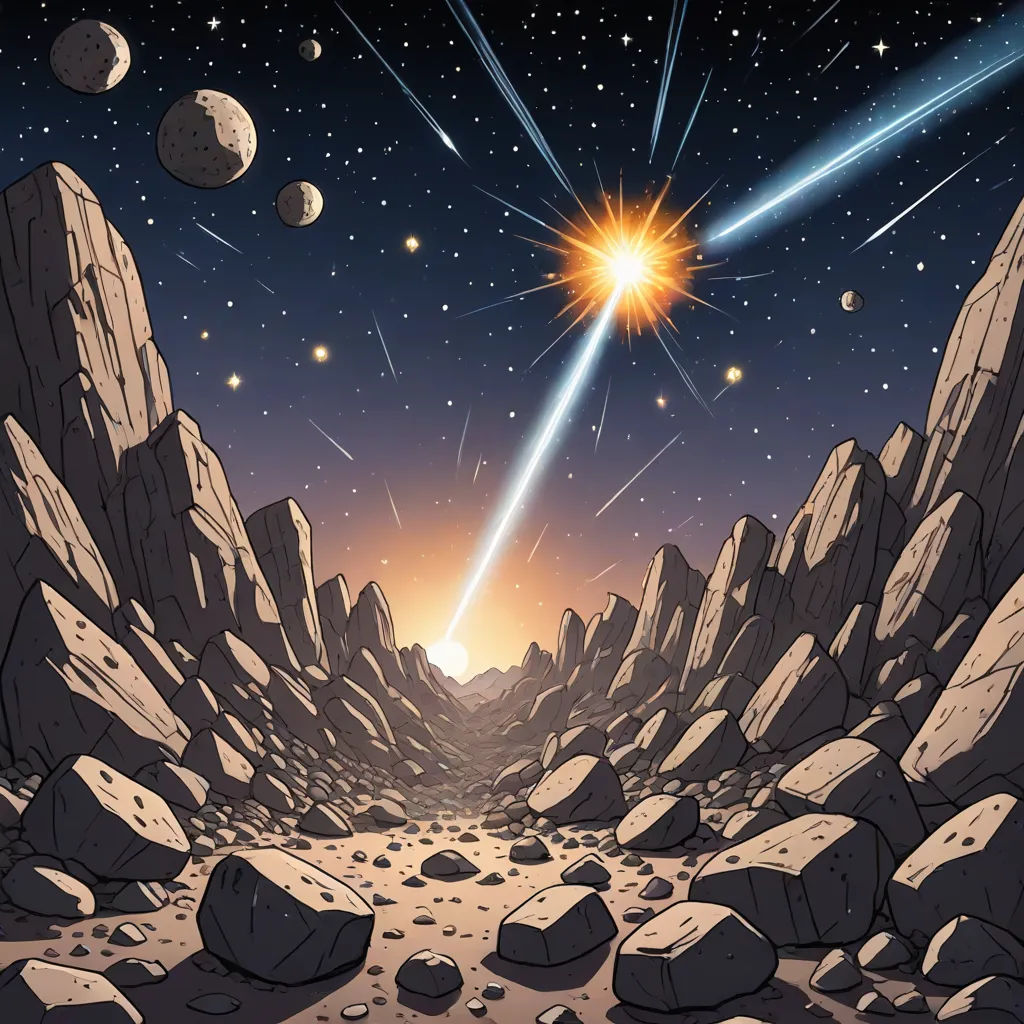 a cartoon scene of a rocky landscape with a shooting star in the sky and planets in the background, with rocks and boulders in the foreground, Dan Mumford, space art, an album cover, official art