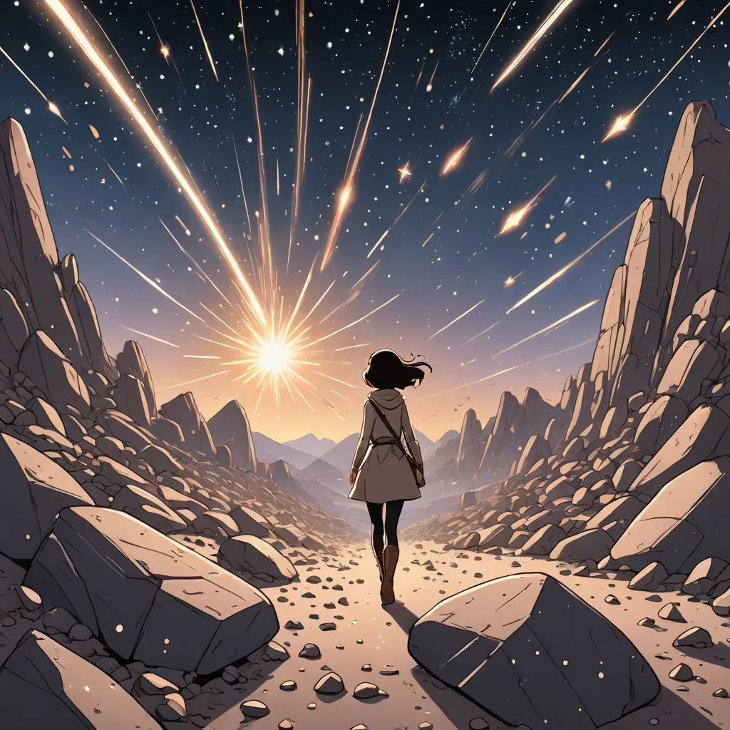 a girl is standing on a rocky mountain looking at the stars and shooting rockets in the sky above her, Atey Ghailan, space art, poster art, comic cover art