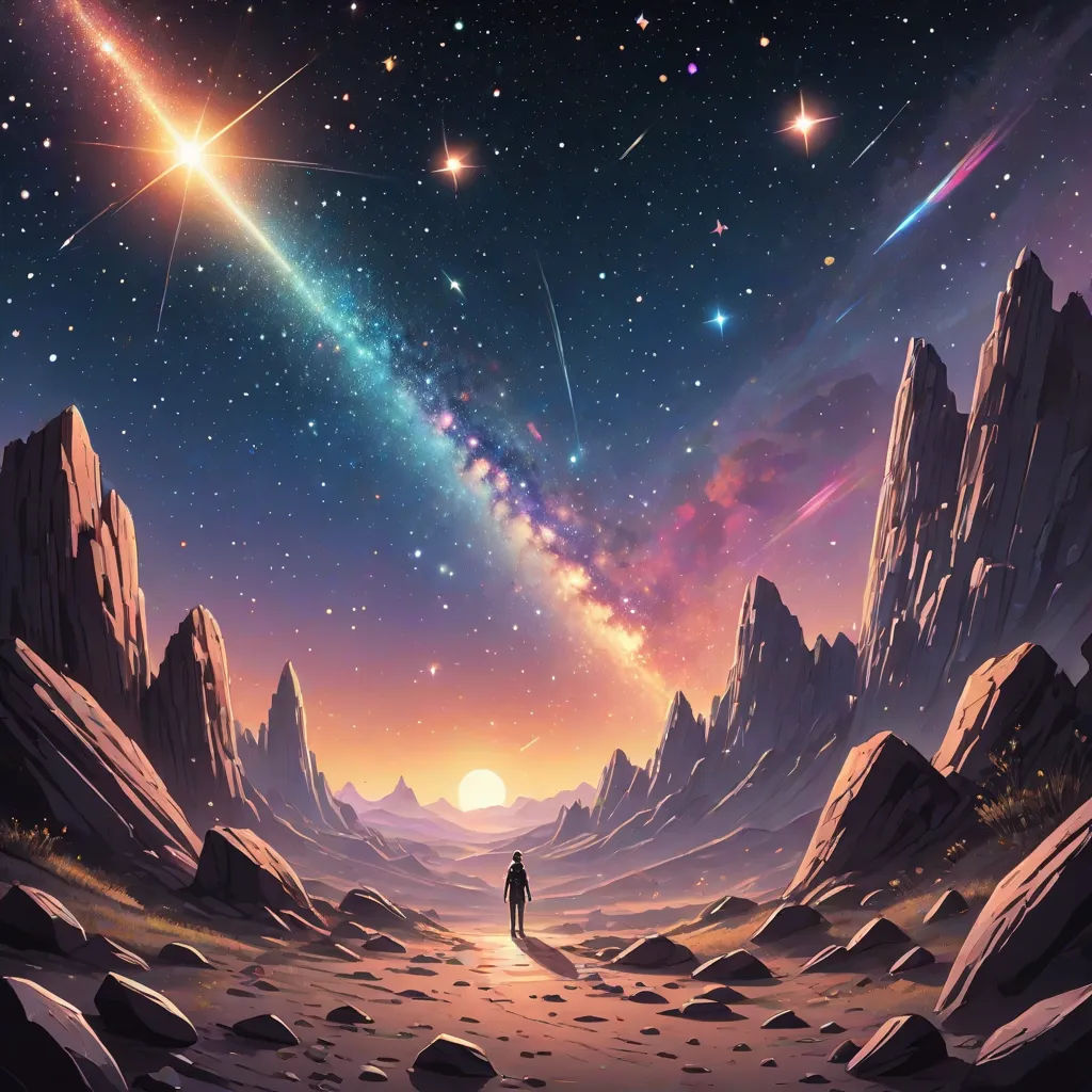 a man standing on a desert under a star filled sky with a shooting star above him and a distant mountain range, Dan Mumford, space art, a detailed painting, fantasy artwork
