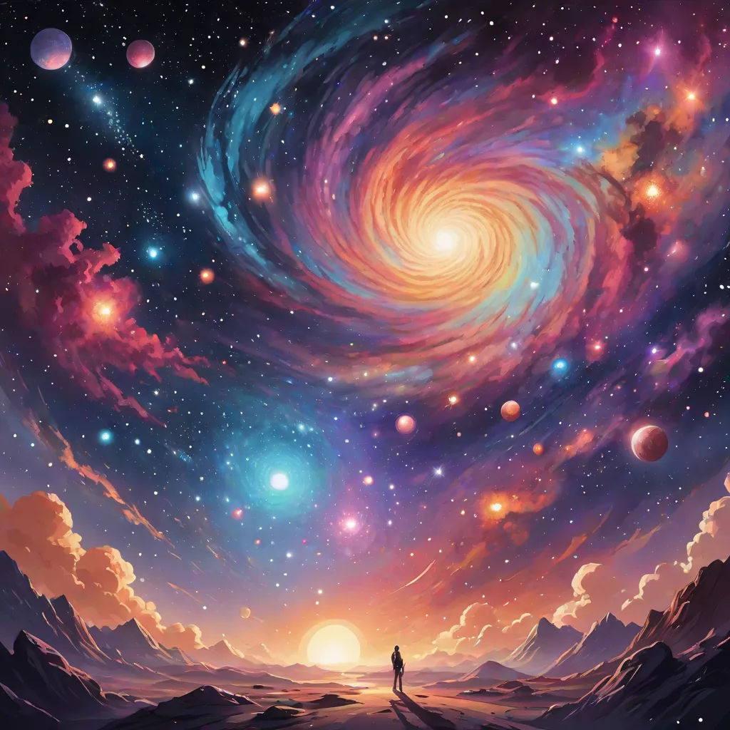 a man standing on a hill looking at a spiral galaxy in the sky with stars and planets in the sky, Chris LaBrooy, space art, a detailed painting, galaxy