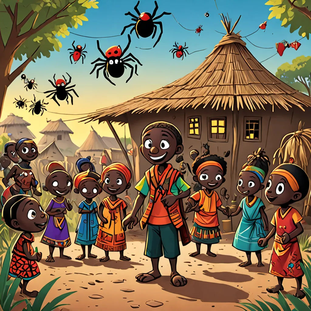 a group of children standing in front of a hut with a spider hanging from the roof of it and a spider crawling on the roof, primitivism, a storybook illustration, Chinwe Chukwuogo-Roy, storybook illustration