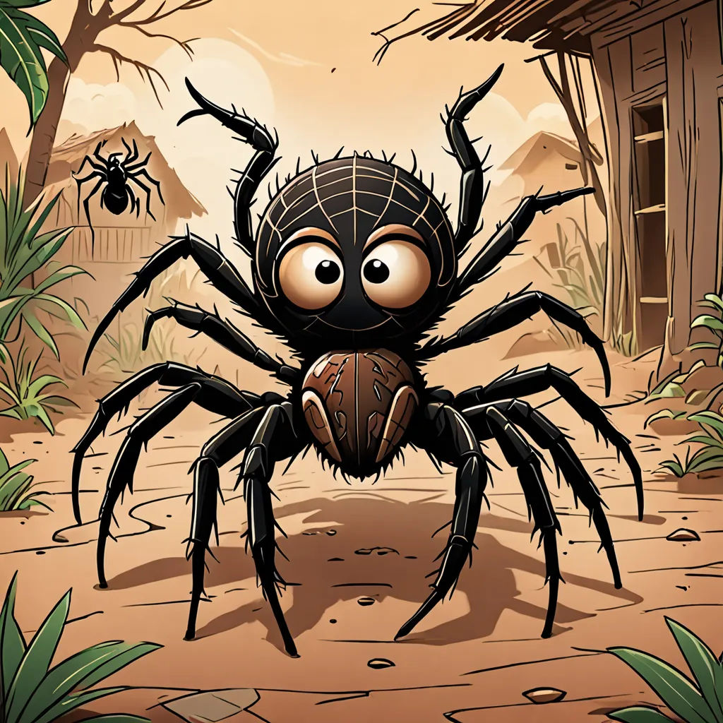 a spider with a ball in its mouth on a dirt ground with a house in the background and a spider crawling on the ground, lyco art, a storybook illustration, Andries Stock, 2 d game art