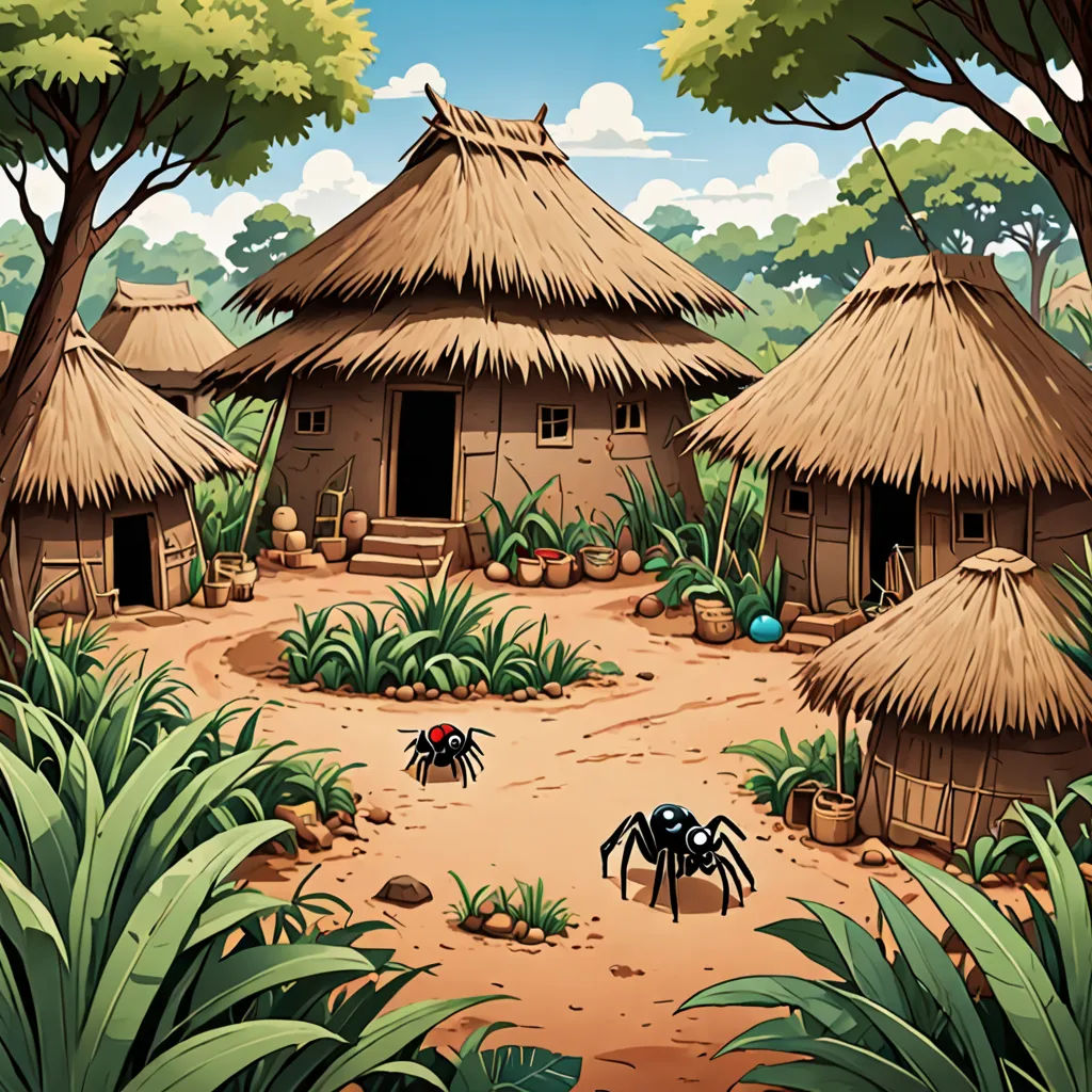 a cartoon of a spider in a tropical setting with a hut in the background and a spider in the foreground, primitivism, a detailed matte painting, Chris LaBrooy, 2 d game art