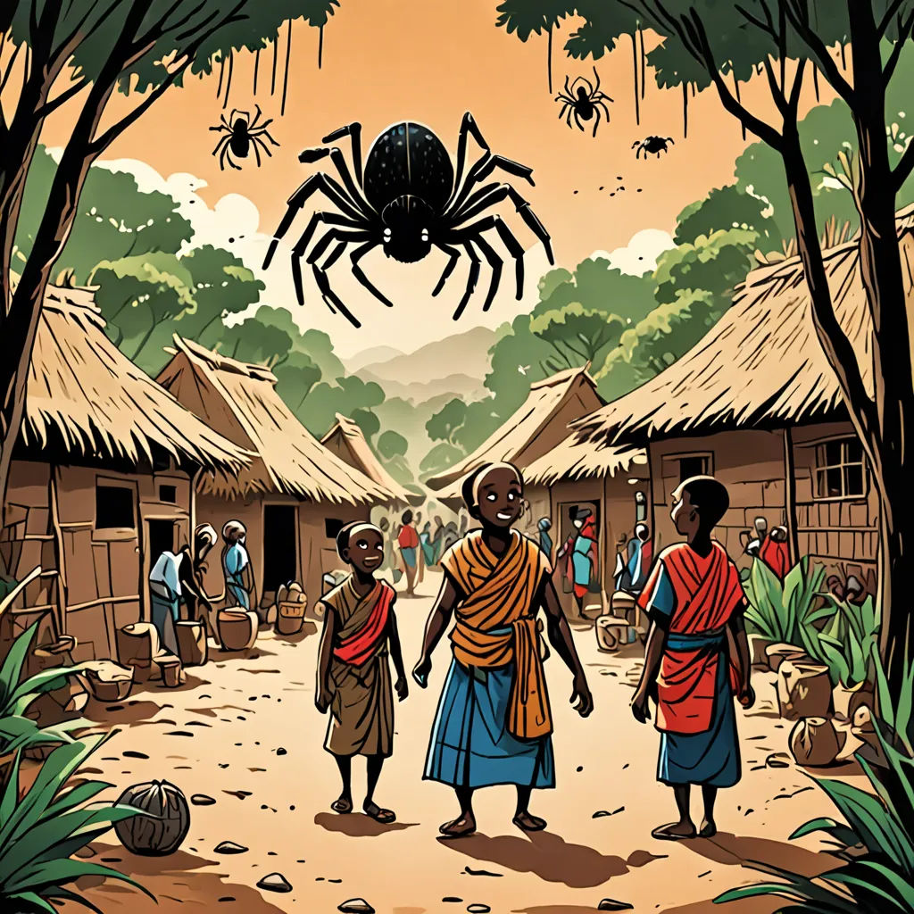 a group of people standing in front of a spider on a village street with a spider hanging from the ceiling, primitivism, an illustration of, Asaf Hanuka, comic cover art