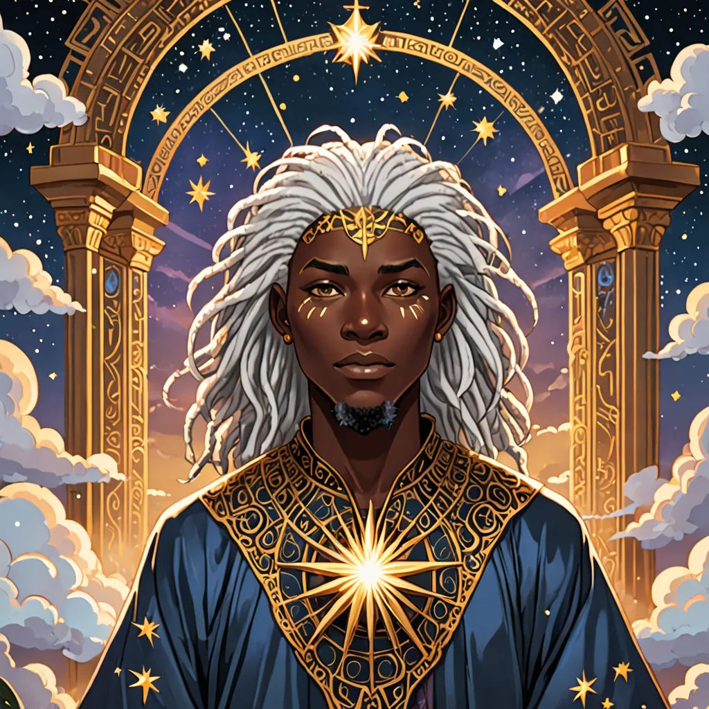 a woman with white hair and a blue dress standing in front of a gate with stars and clouds on it, afrofuturism, a character portrait, Fabien Charuau, rossdraws global illumination