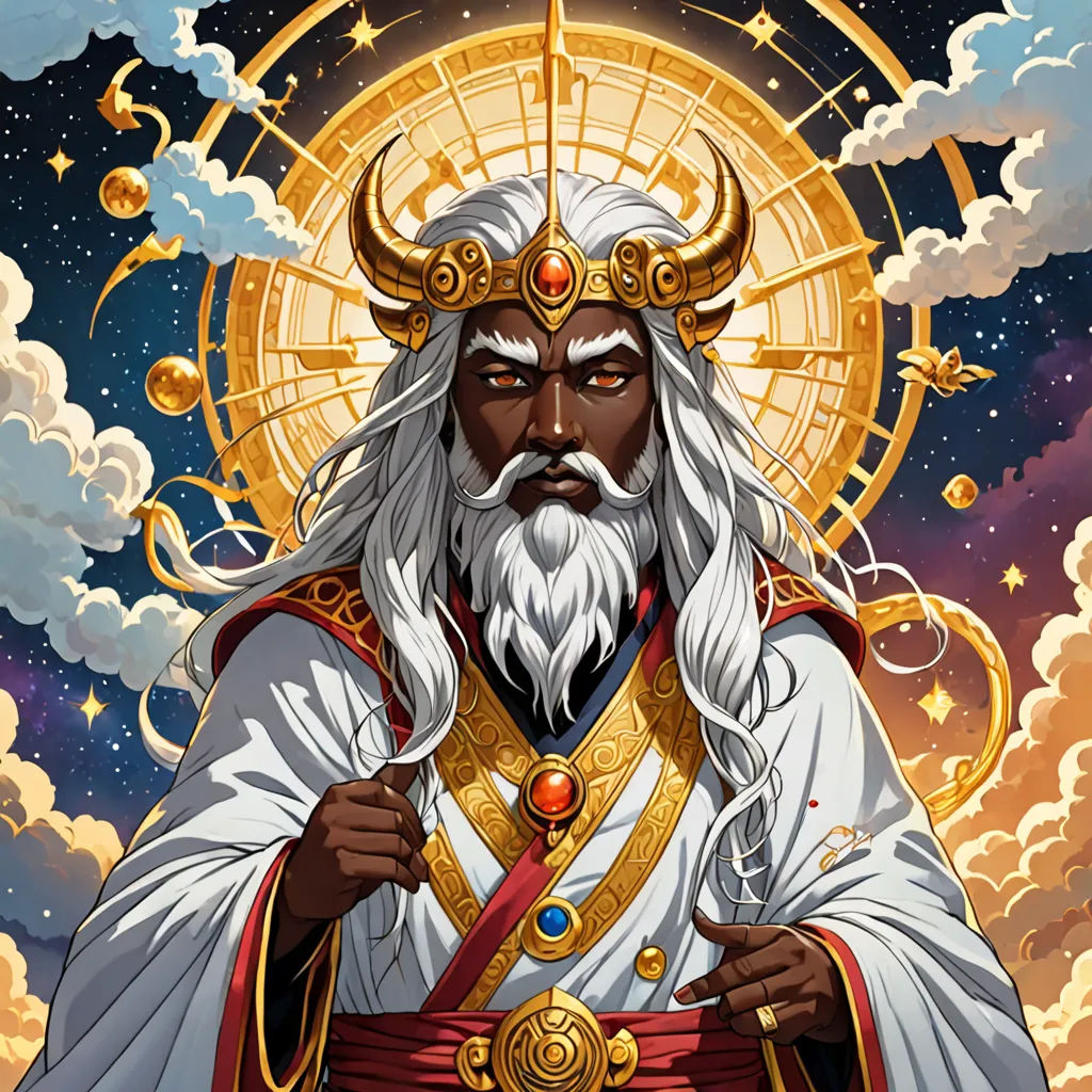 a man with a beard and a white beard wearing a crown and holding a sword in his hand with clouds in the background, afrofuturism, a comic book panel, Altichiero, official art