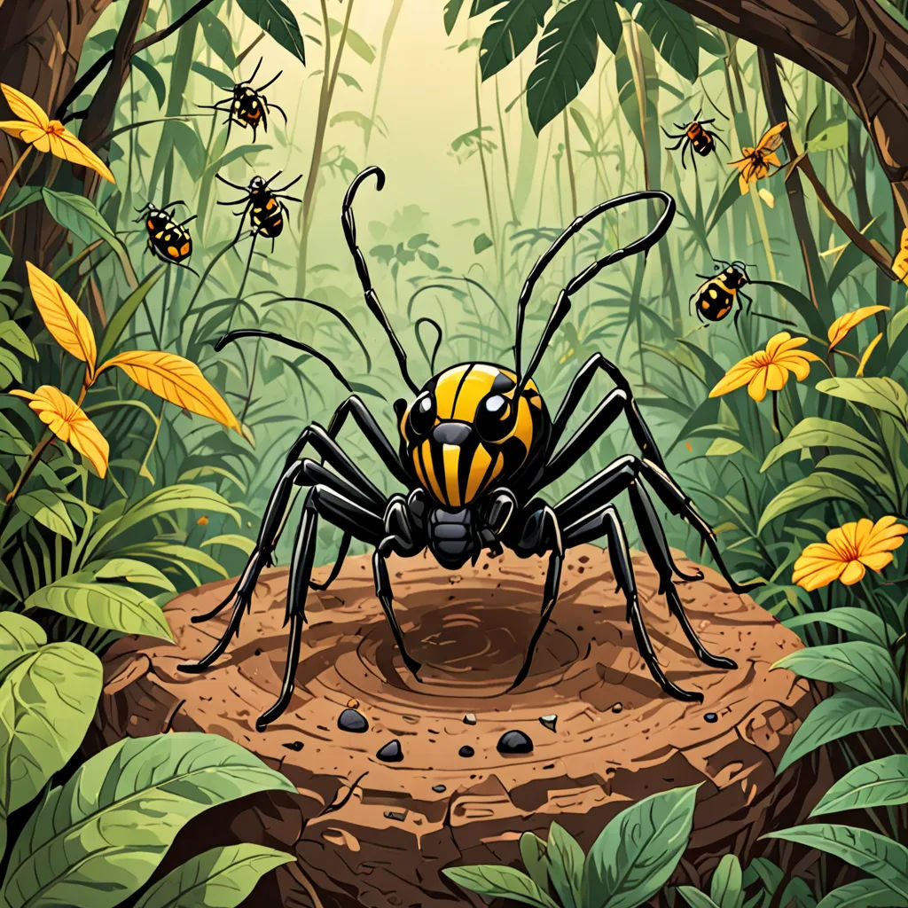 a spider crawling in the middle of a forest with bees flying around it and a hole in the ground, lyco art, a storybook illustration, Dirk Crabeth, detailed illustration