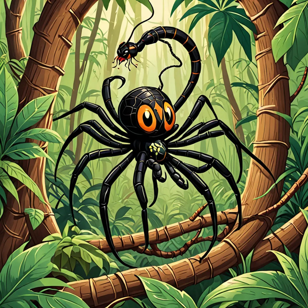 a spider with a red eyes is in the middle of a forest with a snake on its back and a snake on its back, cobra, a storybook illustration, Chris LaBrooy, 2 d game art