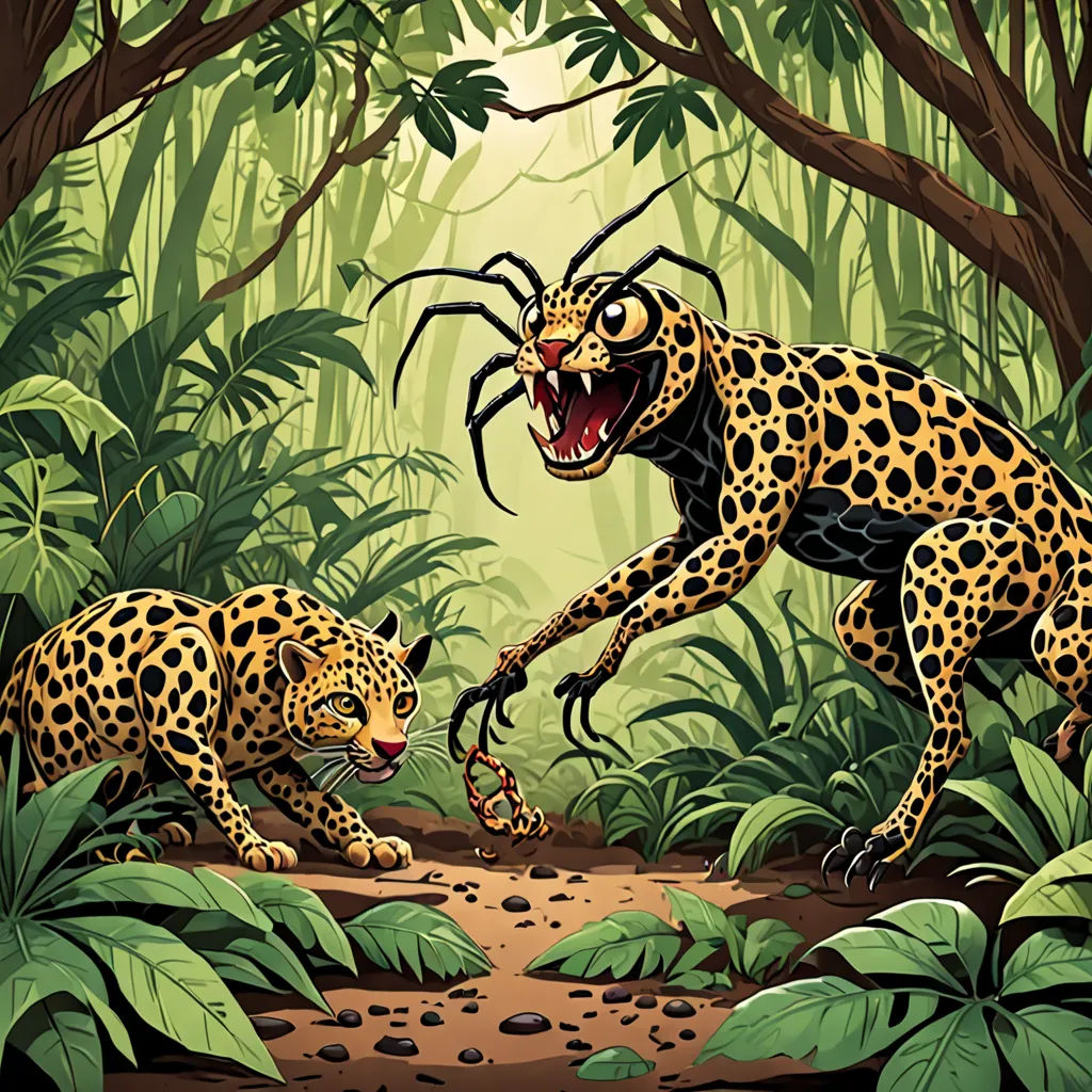 a leopard and a leopard cub in a jungle scene with a spider crawling on the ground and a large leopard on the ground, sumatraism, an illustration of, Dan Mumford, high detail illustration