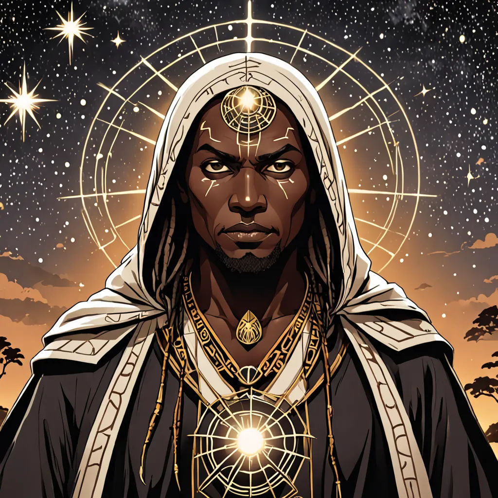 a man in a hooded jacket with a star in his head and a sun in his eyes, standing in front of a star filled sky, afrofuturism, a character portrait, Altichiero, comic cover art