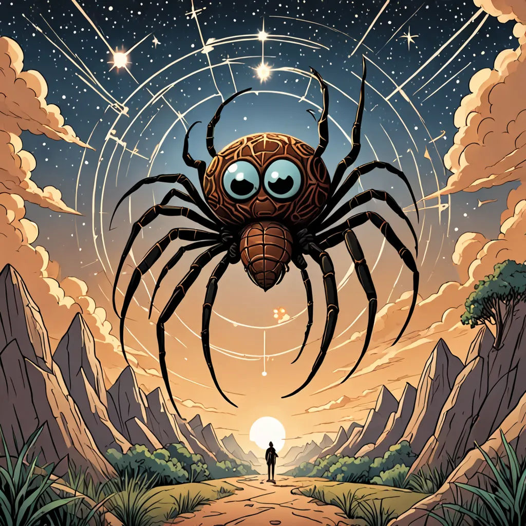 a spider with eyes and a man standing on a dirt road in front of mountains and stars in the sky, space art, an album cover, Chris LaBrooy, comic cover art