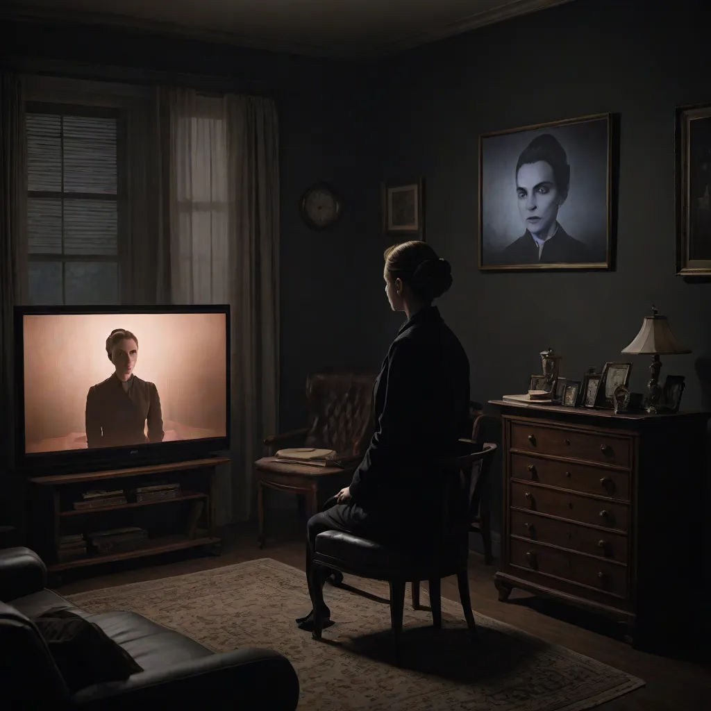 a woman sitting in a chair watching a tv show in a dark room with a portrait on the wall, a matte painting, Brigid Derham, video art, vfx