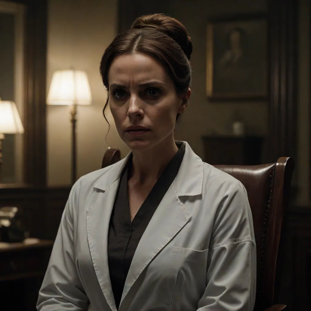 a woman in a white coat sitting in a chair in a room with a lamp on the wall and a mirror behind her, a character portrait, Clarice Beckett, international gothic, promotional image