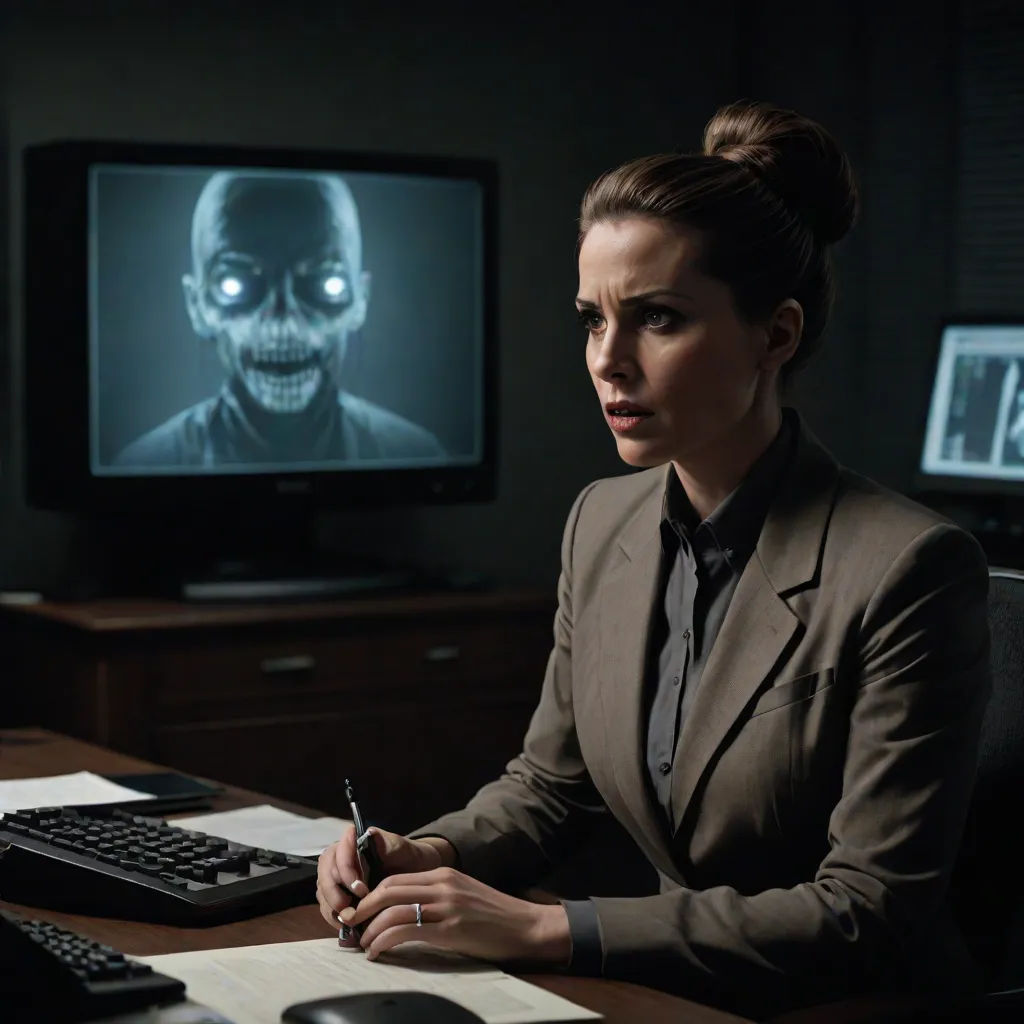 a woman sitting at a desk in front of a computer monitor with a creepy face on it's screen, computer graphics, Clarice Beckett, video art, promotional image