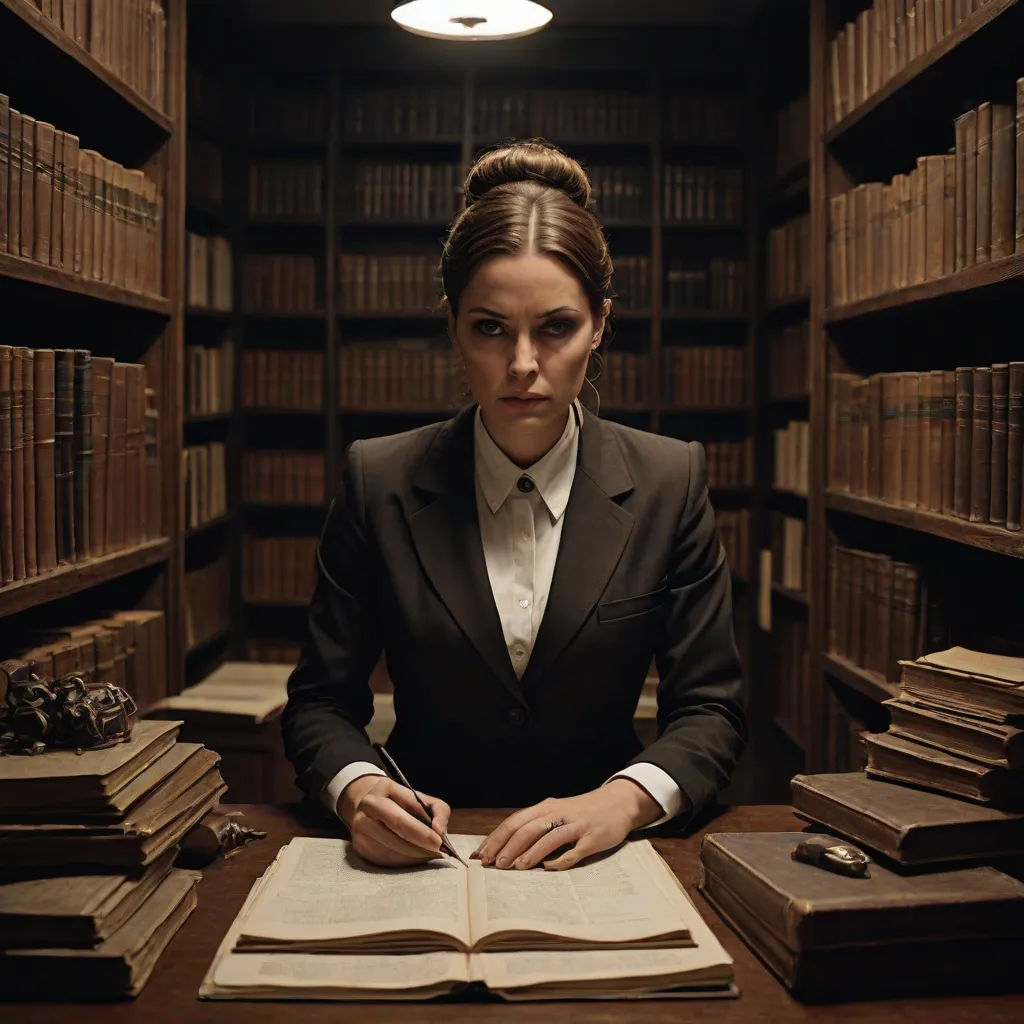 a woman in a suit sitting at a table with a book in front of her and a light above her, a character portrait, Eva Gonzalès, academic art, promotional image