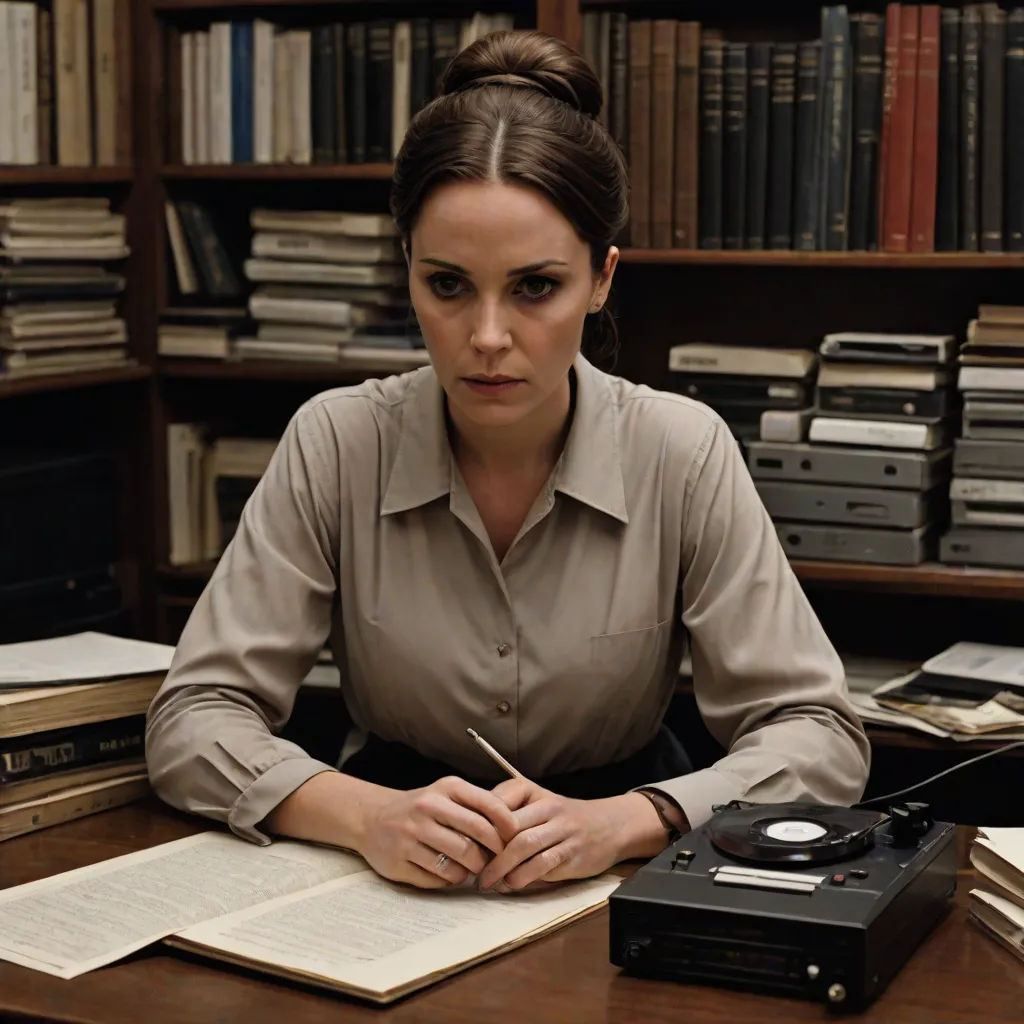 a woman sitting at a desk with a record player and a book in front of her, with a record player on the desk, a colorized photo, Brigid Derham, private press, promotional image