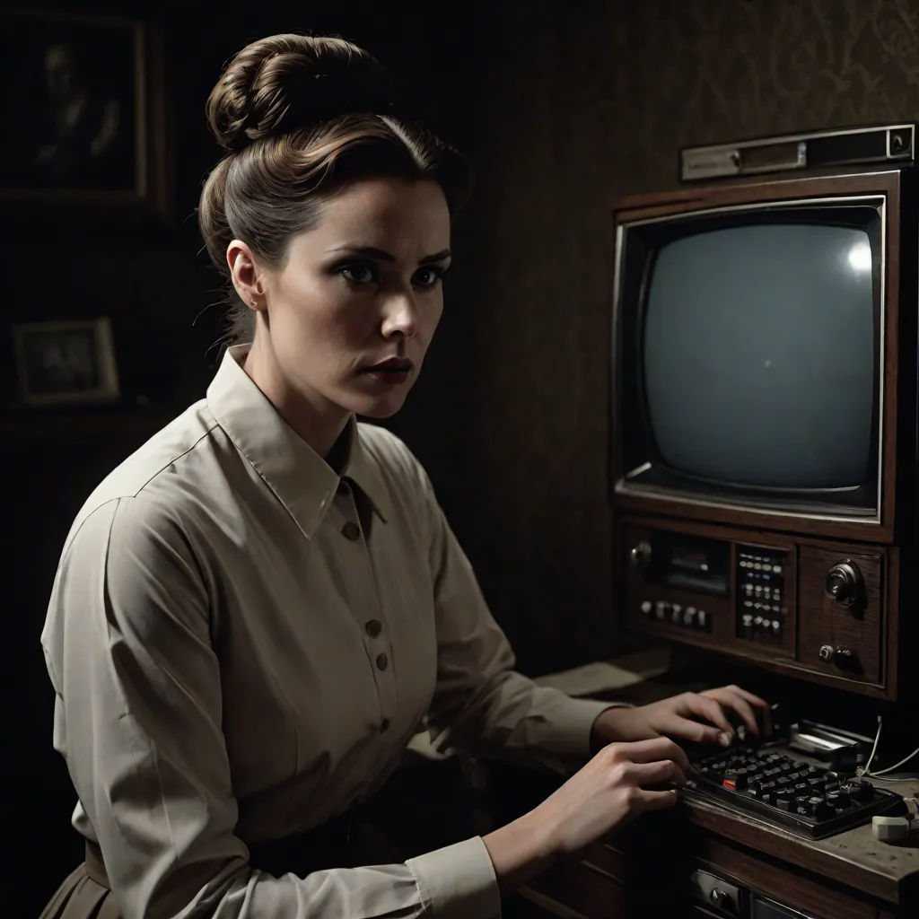 a woman sitting at a desk with a computer and a monitor on it, in front of a wall, a character portrait, Anka Zhuravleva, serial art, promotional image