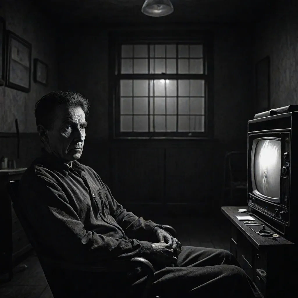a man sitting in a chair in front of a tv in a dark room with a window and a light on, a black and white photo, Bedwyr Williams, video art, promotional image