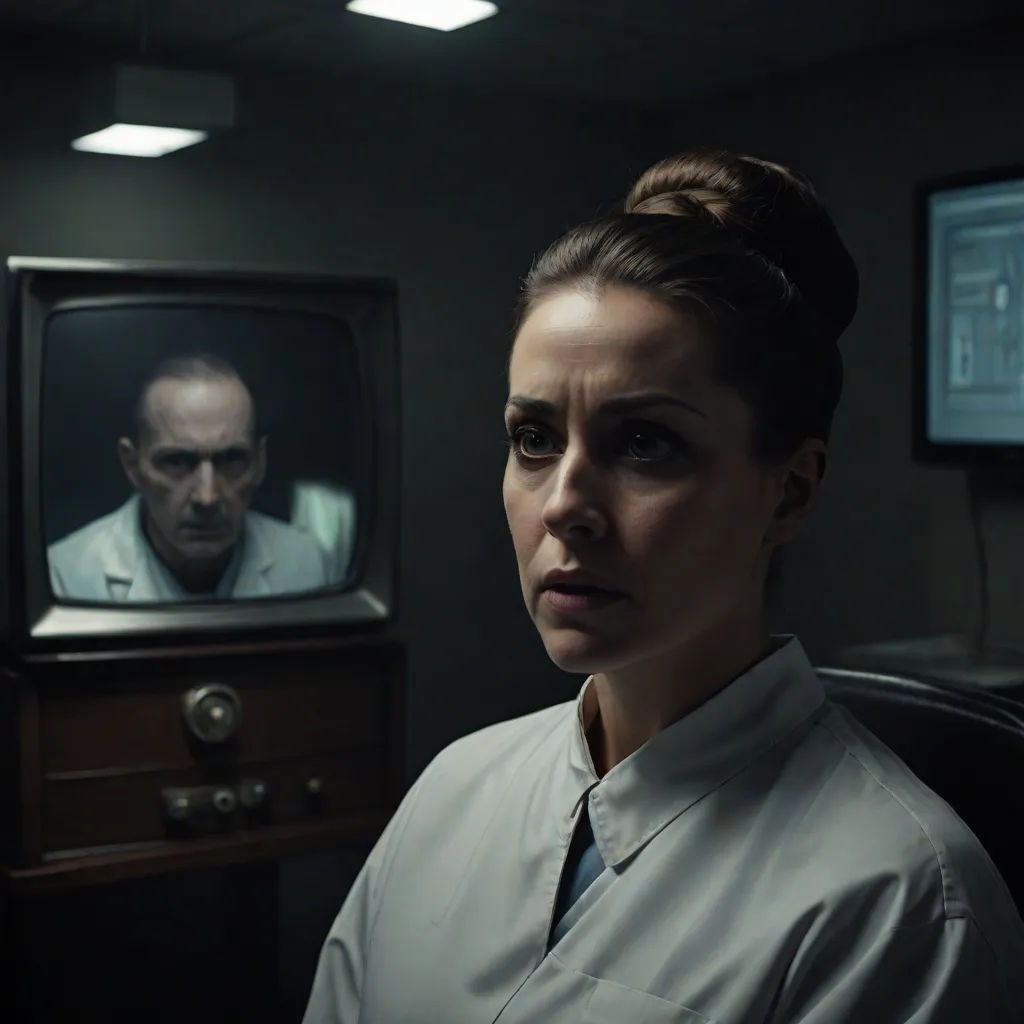 a woman in a white shirt and tie in front of a tv with a man on it and a desk with a monitor, a screenshot, Doc Hammer, institutional critique, vfx