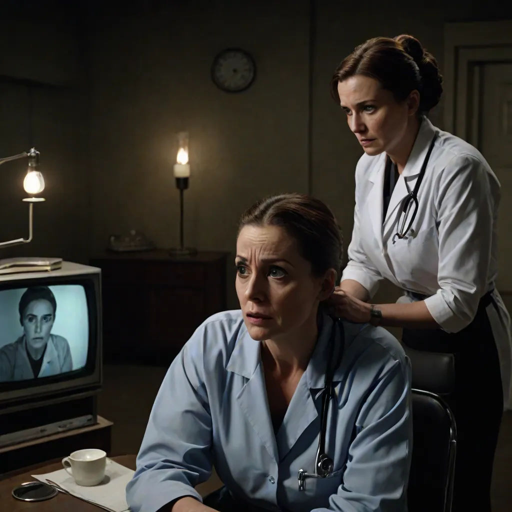 a woman sitting in a chair in front of a tv with a doctor on it and a nurse standing next to her, a screenshot, Clarice Beckett, institutional critique, promotional image